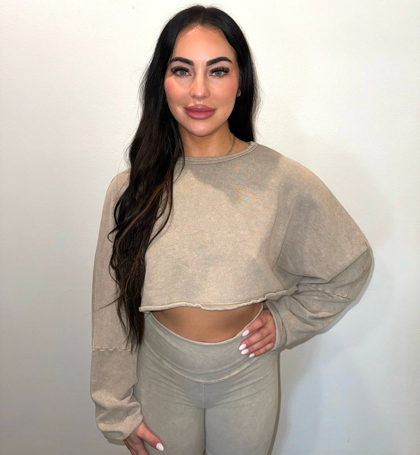 Mineral Wash Crop Top & Short Set - Taupe