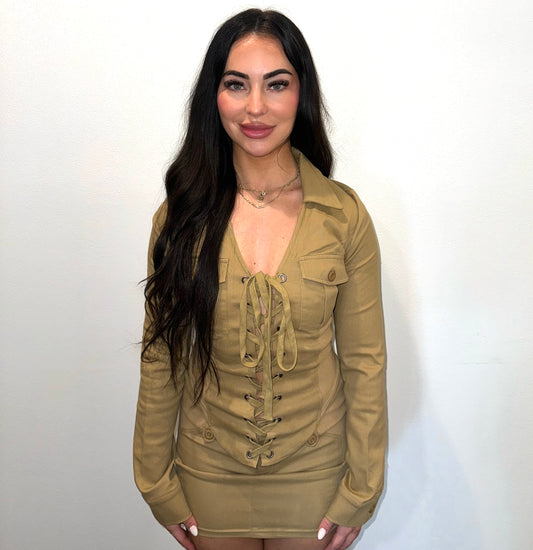 Cargo Lace Up Top & Skirt Set - Khaki