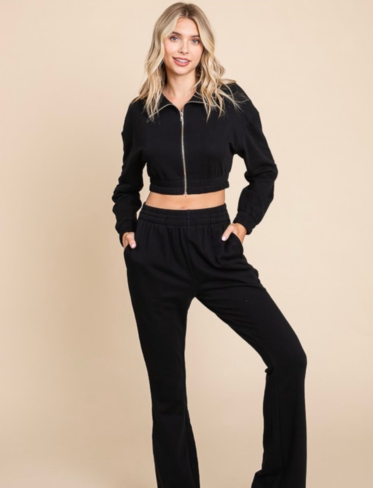 Crop Zip Jacket & Flare Pants Set - Black